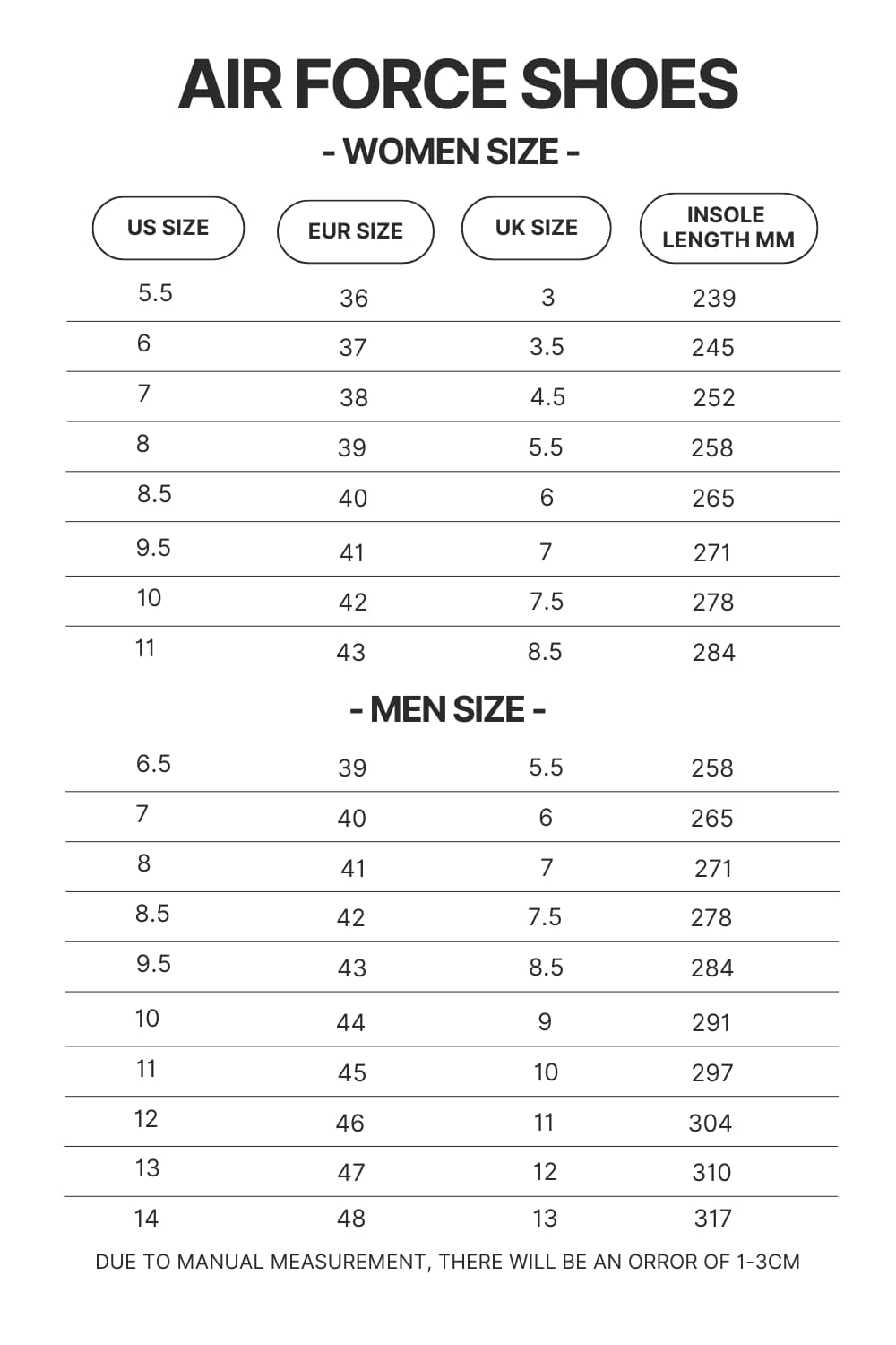 Air Force Shoes Size Chart - Ponyo Merch