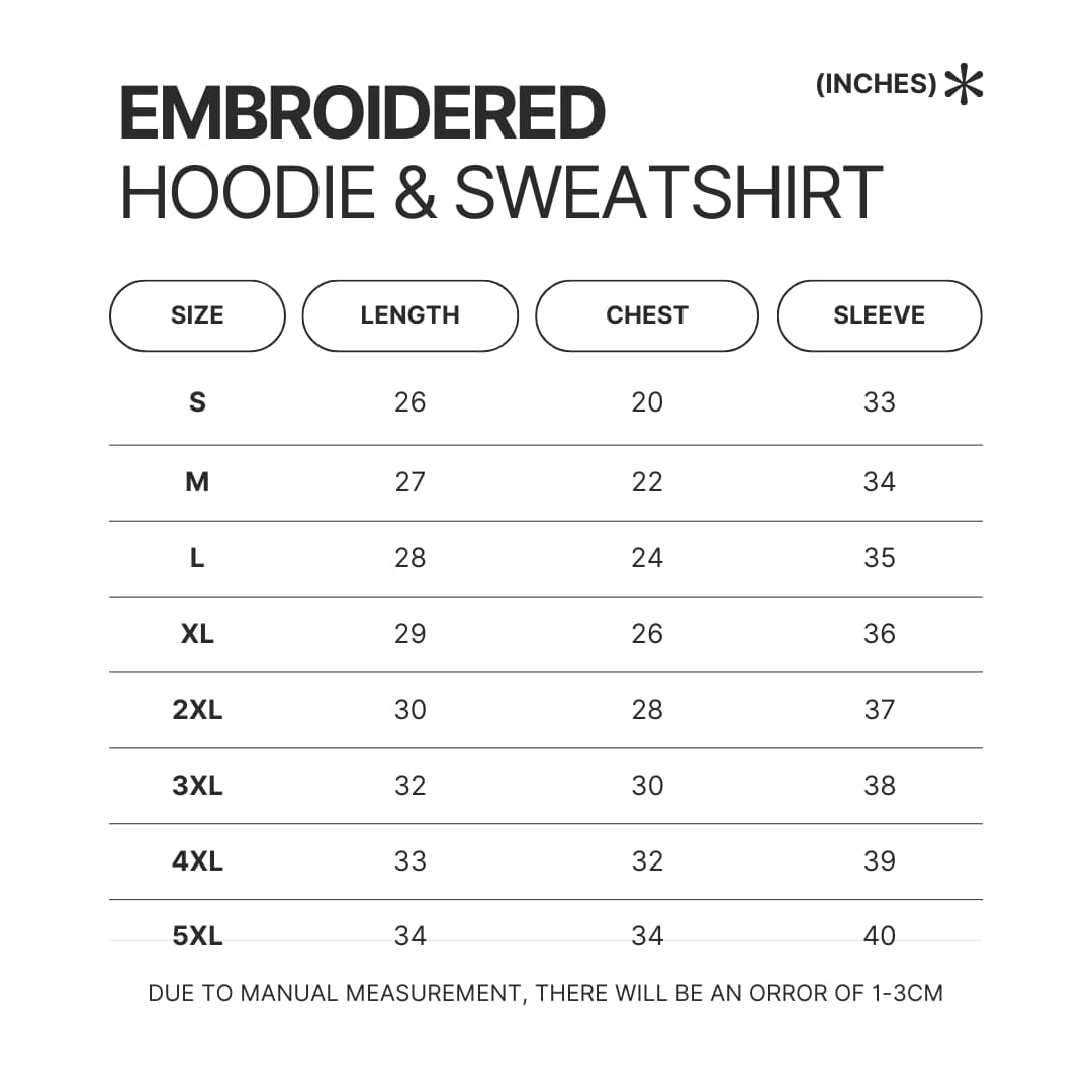 Embroidered Hoodie Sweatshirt Size Chart - Ponyo Merch