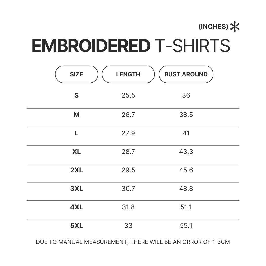 Embroidered T shirt Size Chart - Ponyo Merch