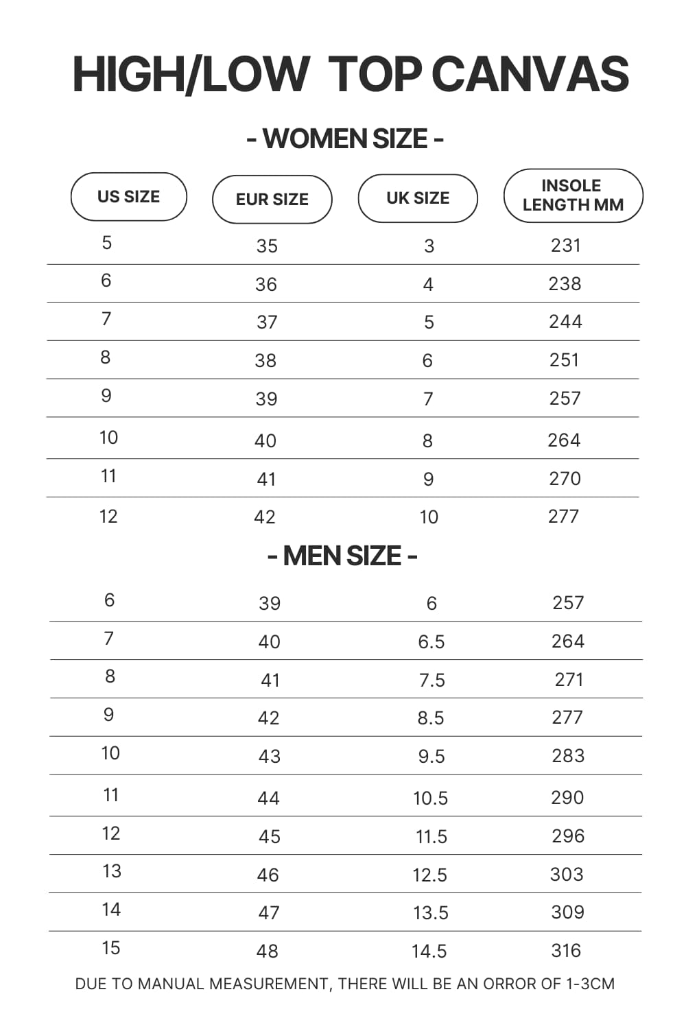 High Top Low Top Canvas Shoes Size Chart - Ponyo Merch