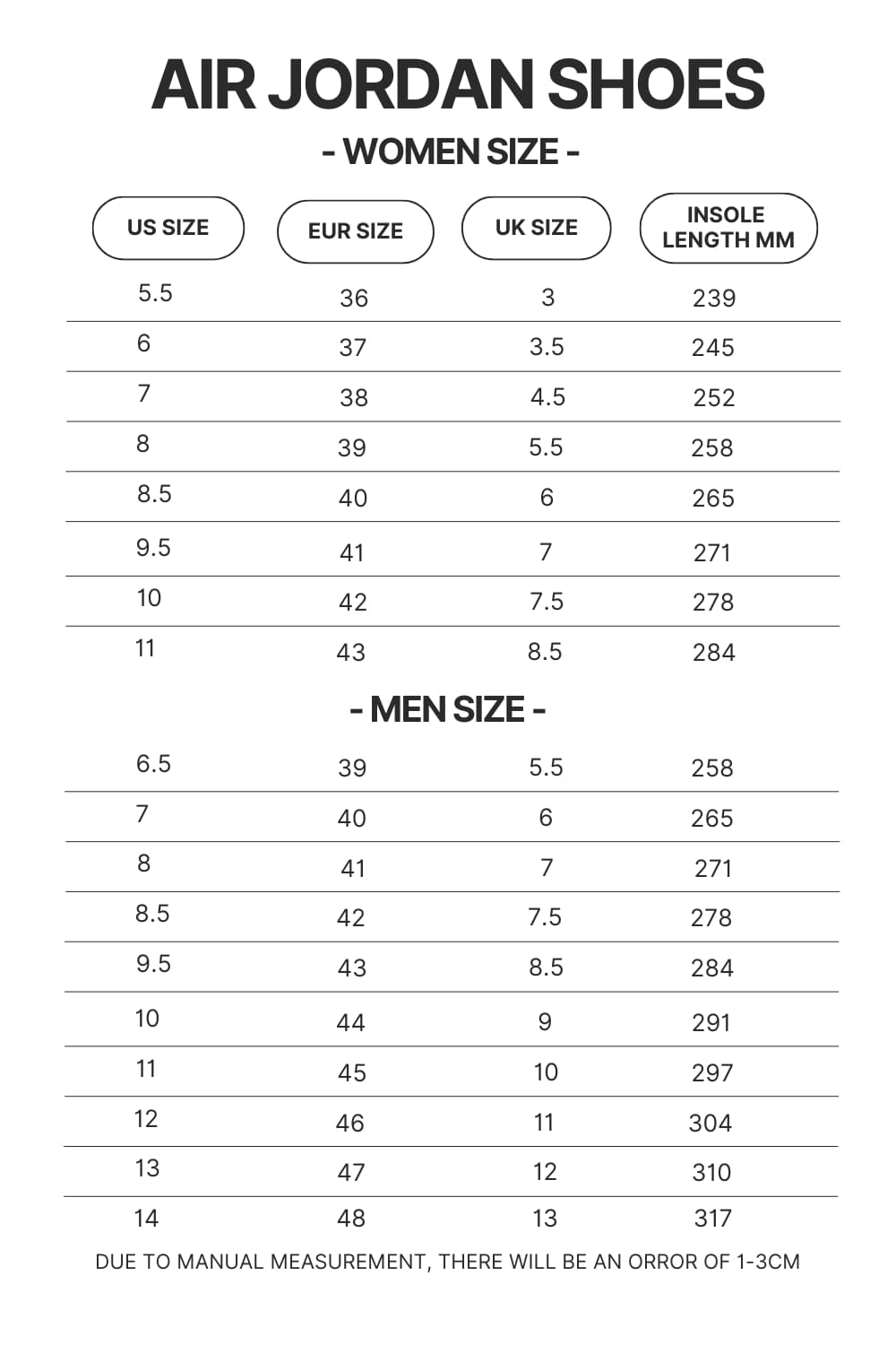 Air Jordan Shoes Size Chart - Ponyo Merch