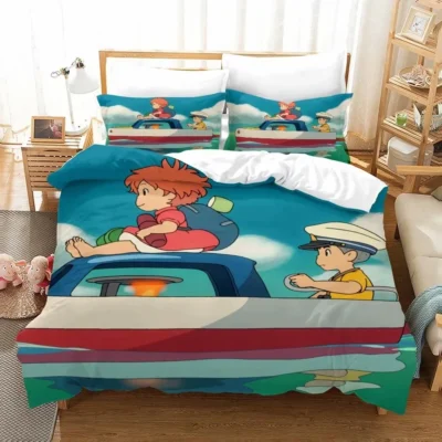 High Quality Bedding Set Anime Ponyo Pattern Comforter Duvet Cover with Pillow Cover Bed Set for 1 - Ponyo Merch
