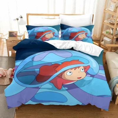 High Quality Bedding Set Anime Ponyo Pattern Comforter Duvet Cover with Pillow Cover Bed Set for 3 - Ponyo Merch