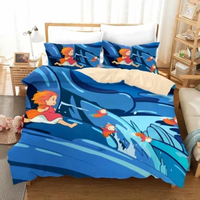 High Quality Bedding Set Anime Ponyo Pattern Comforter Duvet Cover with Pillow Cover Bed Set for 4 - Ponyo Merch
