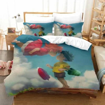 High Quality Bedding Set Anime Ponyo Pattern Comforter Duvet Cover with Pillow Cover Bed Set for - Ponyo Merch