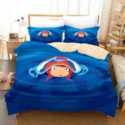 High Quality Bedding Set Anime Ponyo Pattern Comforter Duvet Cover with Pillow Cover Bed Set for 6 - Ponyo Merch