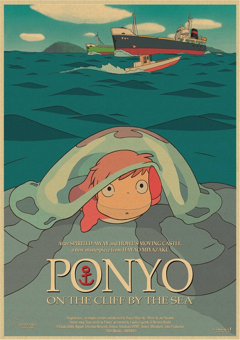 Vintage Posters Ponyo On The Cliff Hayao Miyazaki Poster Home Decor Wall Sticker Retro Decorative Painting 17 - Ponyo Merch