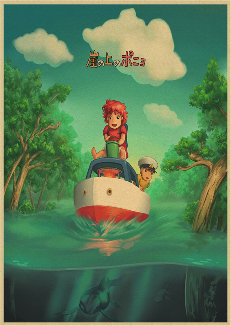 Vintage Posters Ponyo On The Cliff Hayao Miyazaki Poster Home Decor Wall Sticker Retro Decorative Painting 5 - Ponyo Merch